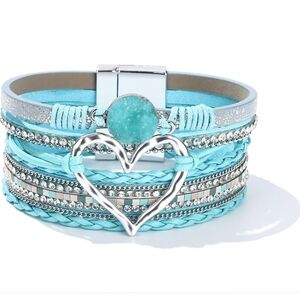 2 LEFT! Turquoise Faux Leather Faux Druzy Heart Multi-layered Magnetic Bracelet